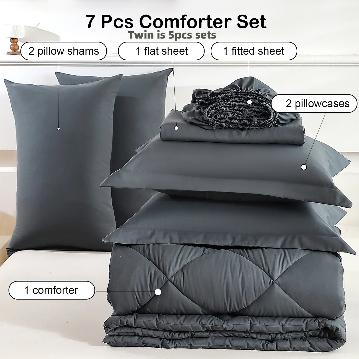 Diamond Stitched Comforter Bedding Sets with Sheets & Pillowcases 5-7pcs for Twin Full Queen King Sizes