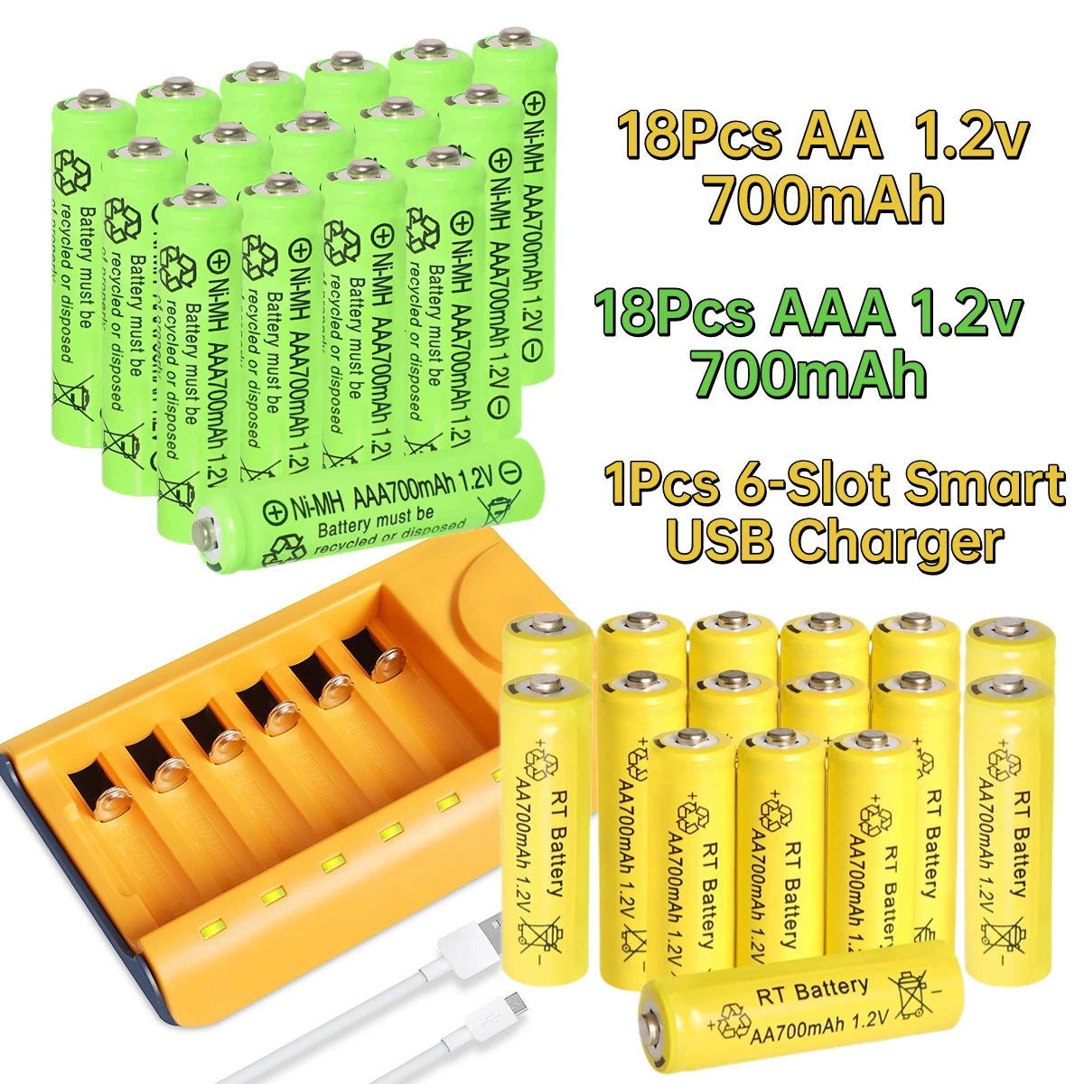 6 to 30 AA & AAA Rechargeable Battery Set with Charger & Cable