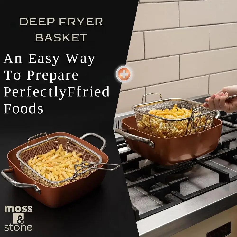 Induction Ready Copper Deep Frying Pan with Basket and 5 Qt Square Pot