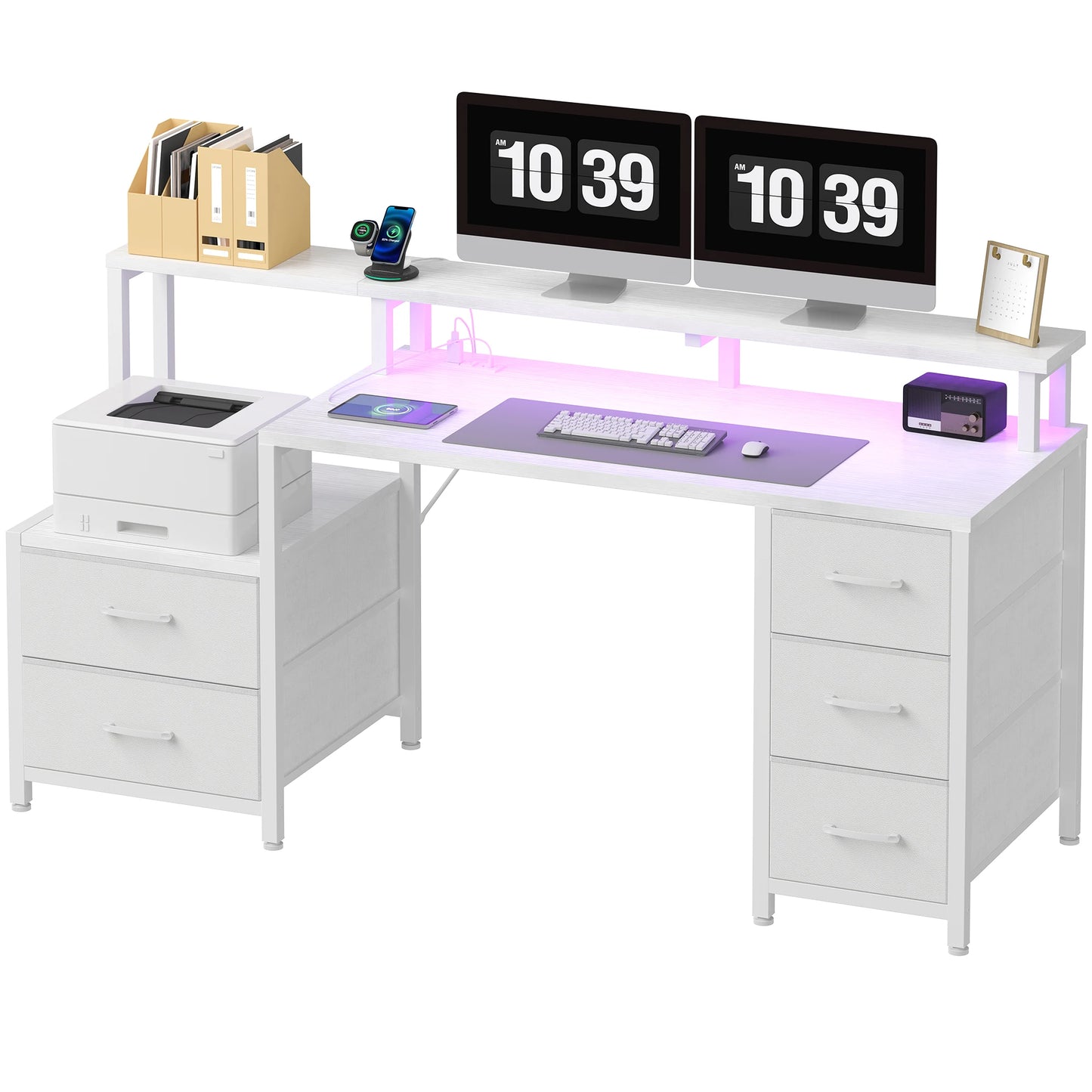 67In Office or Bedroom Desk with 5 Storage Drawers and LED Light Power Outlets