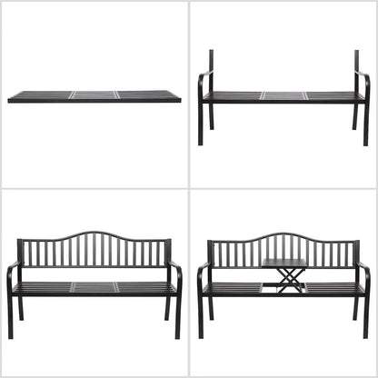 Metal Anti-Rust Patio Bench with Built in Small Table