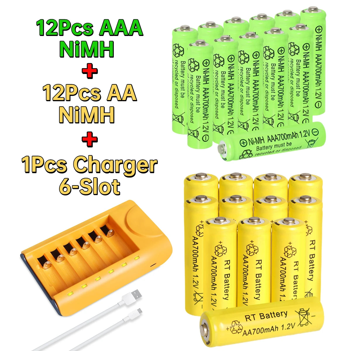 6 to 30 AA & AAA Rechargeable Battery Set with Charger & Cable