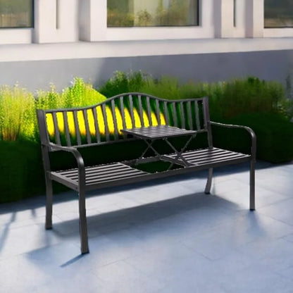 Metal Anti-Rust Patio Bench with Built in Small Table