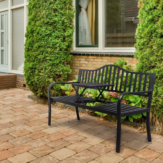 Metal Anti-Rust Patio Bench with Built in Small Table