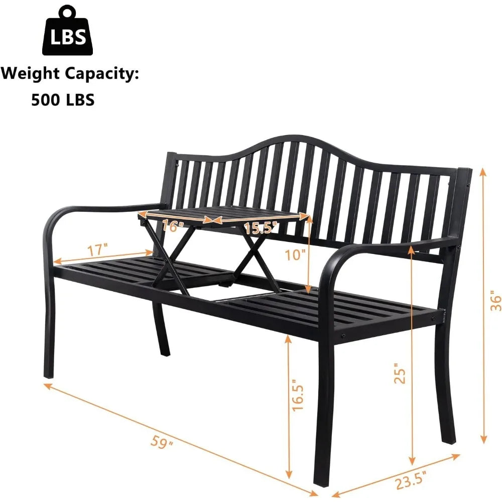 Metal Anti-Rust Patio Bench with Built in Small Table