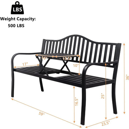 Metal Anti-Rust Patio Bench with Built in Small Table