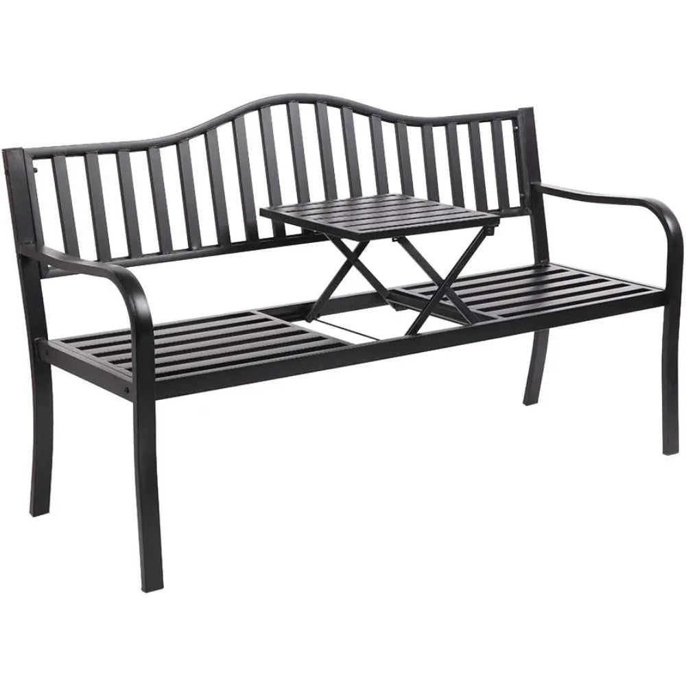 Metal Anti-Rust Patio Bench with Built in Small Table