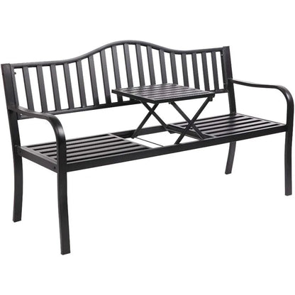 Metal Anti-Rust Patio Bench with Built in Small Table