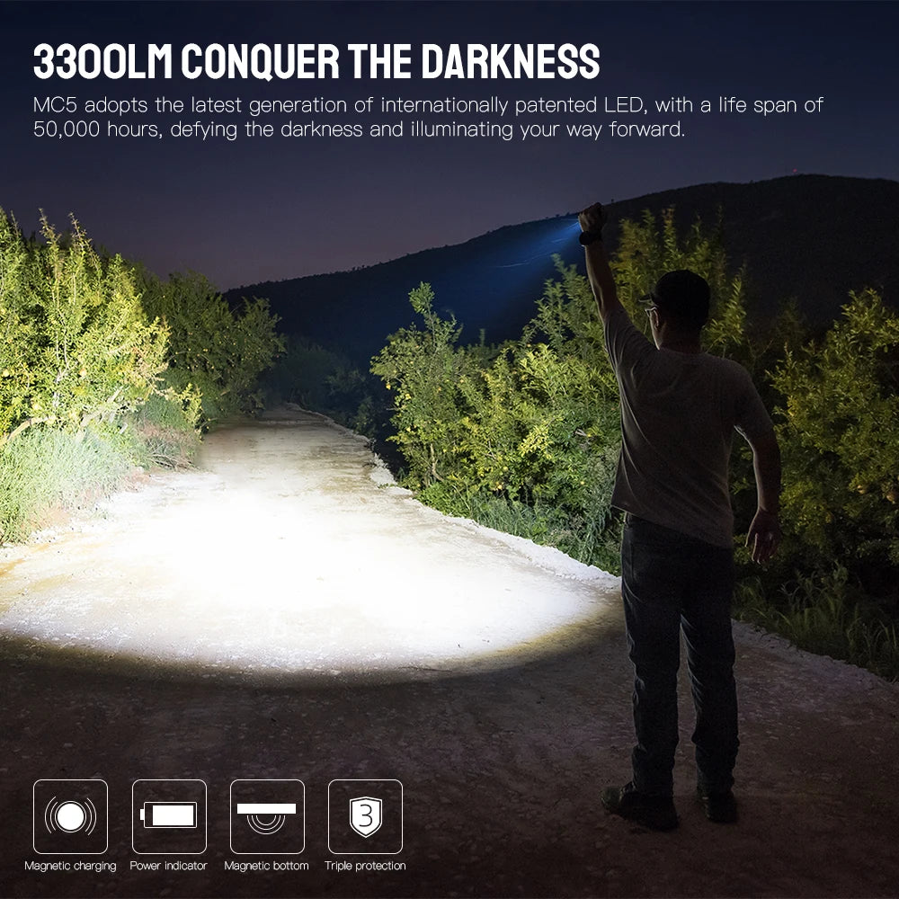 3300 Lumen Flashlight with Magnetic USB Charging and Power Indicator