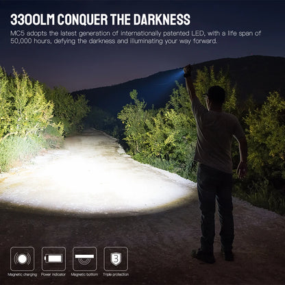 3300 Lumen Flashlight with Magnetic USB Charging and Power Indicator
