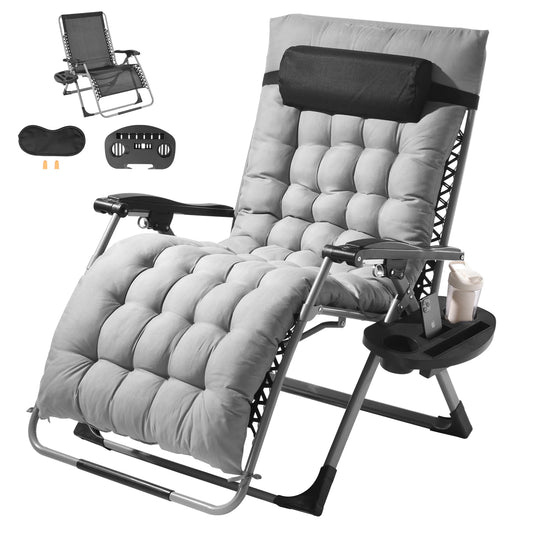 Outdoor Reclining Lounge Chair with Cushion, Footrest and Cup Holder