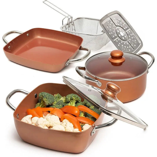 Induction Ready Copper Deep Frying Pan with Basket and 5 Qt Square Pot
