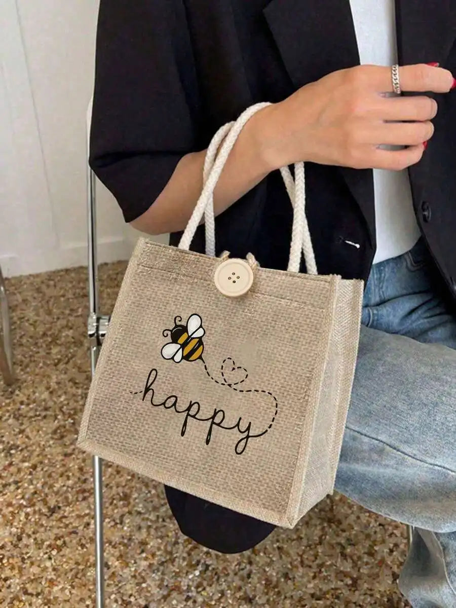Large Capacity Linen Tote Bag with Bee & Script Design