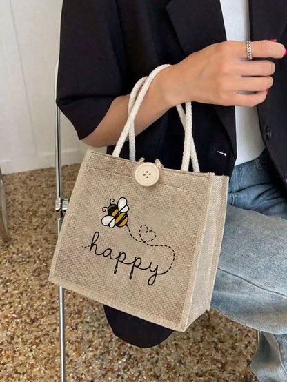 Large Capacity Linen Tote Bag with Bee & Script Design
