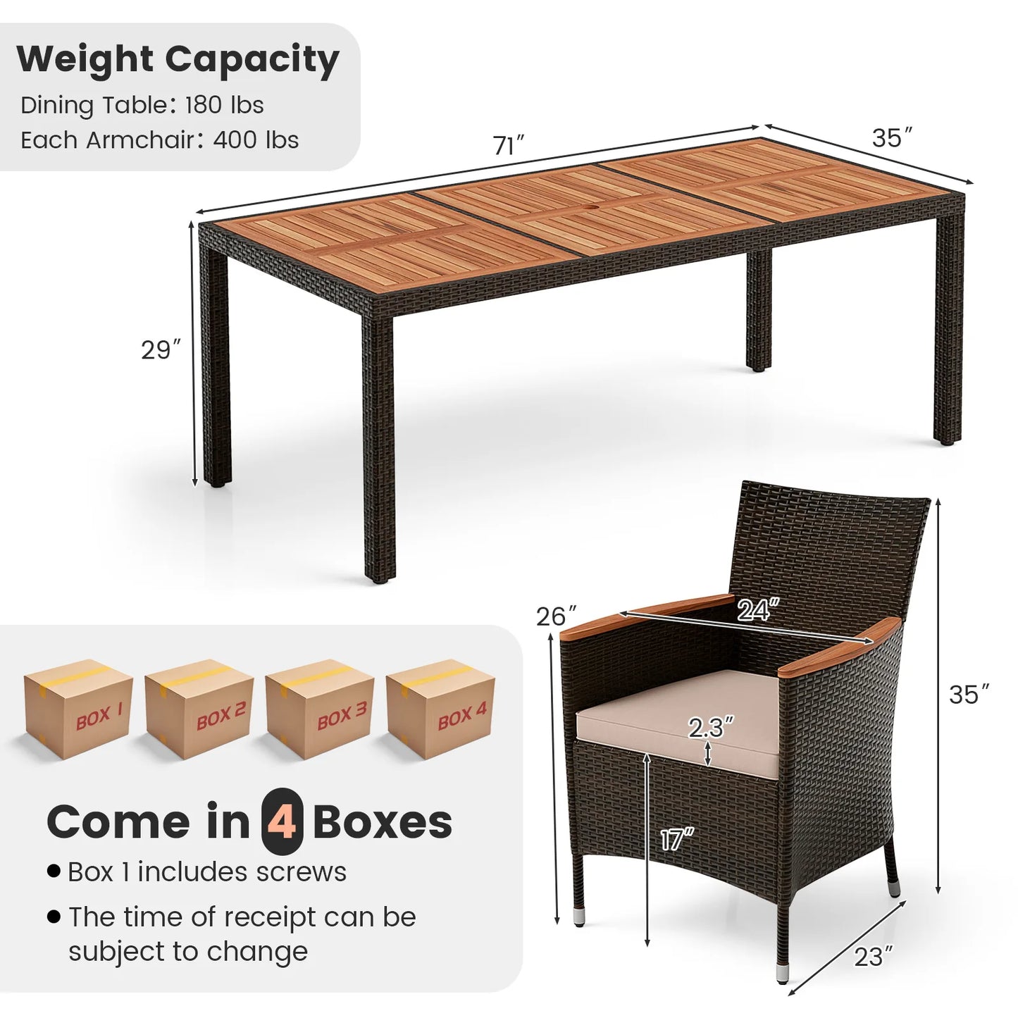 9-Piece Patio Wicker Dining Set Acacia Wood Table Top, Umbrella Hole and Cushioned Chairs
