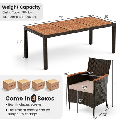9-Piece Patio Wicker Dining Set Acacia Wood Table Top, Umbrella Hole and Cushioned Chairs