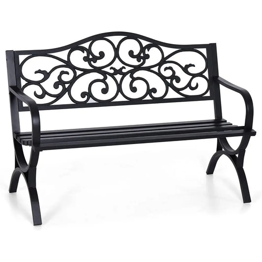 Outdoor Cast Iron Bench with Floral Backrest Design