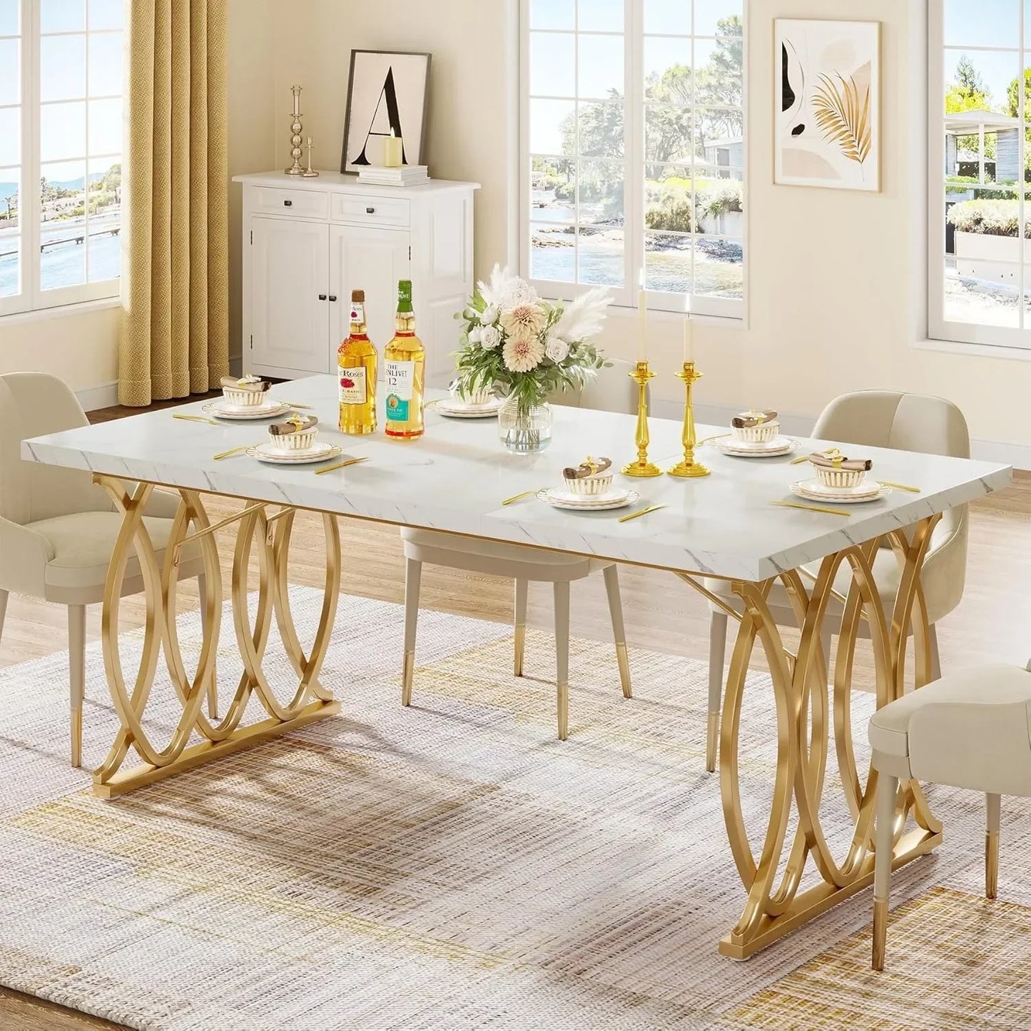 63" Unique Rectangular Shape Modern Dining Room Table, for 4-6 People