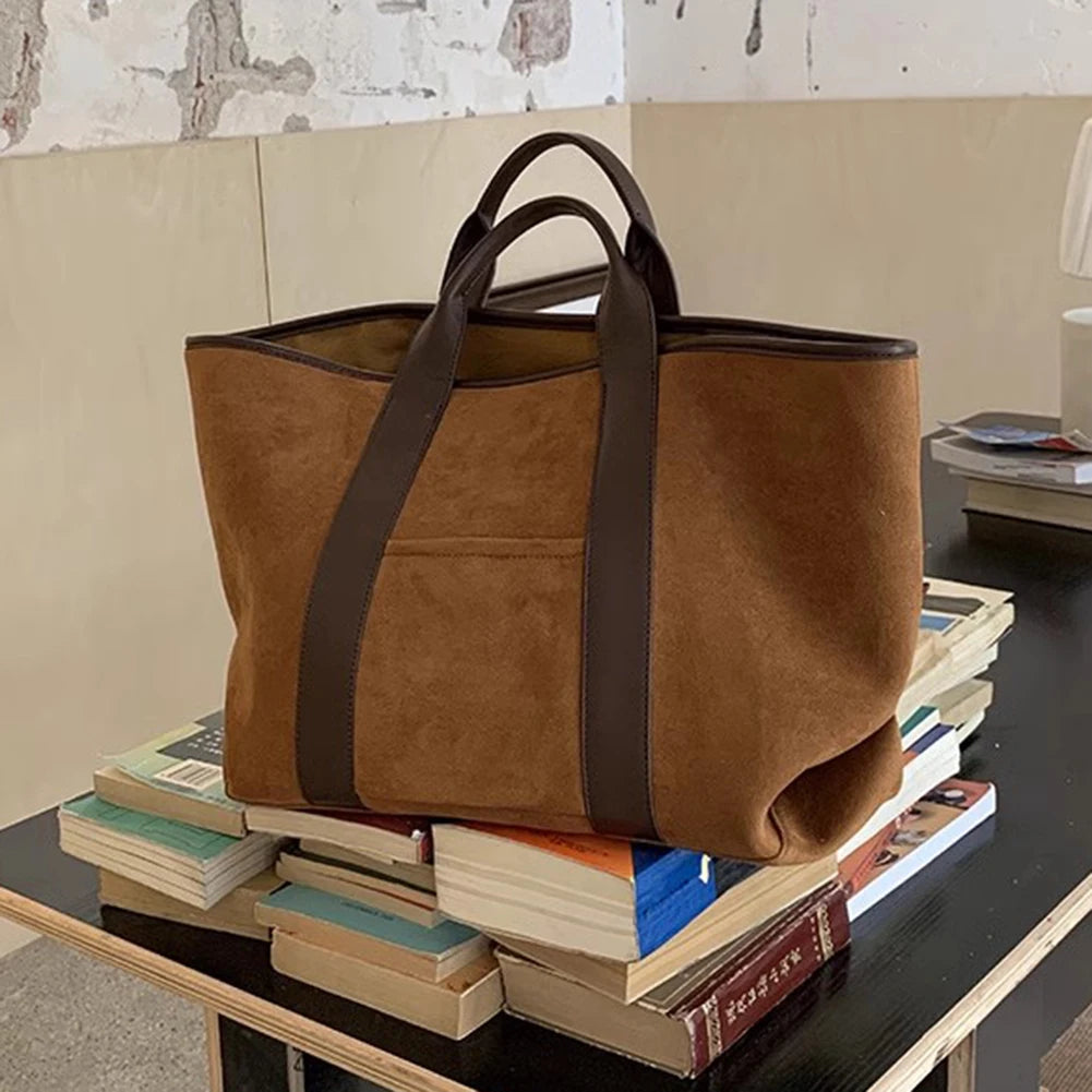 Solid Color Trendy Retro Handbag with Suede Top Handle for Errands, Travel or Everyday Use Tote Bag