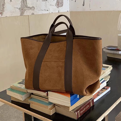 Solid Color Trendy Retro Handbag with Suede Top Handle for Errands, Travel or Everyday Use Tote Bag