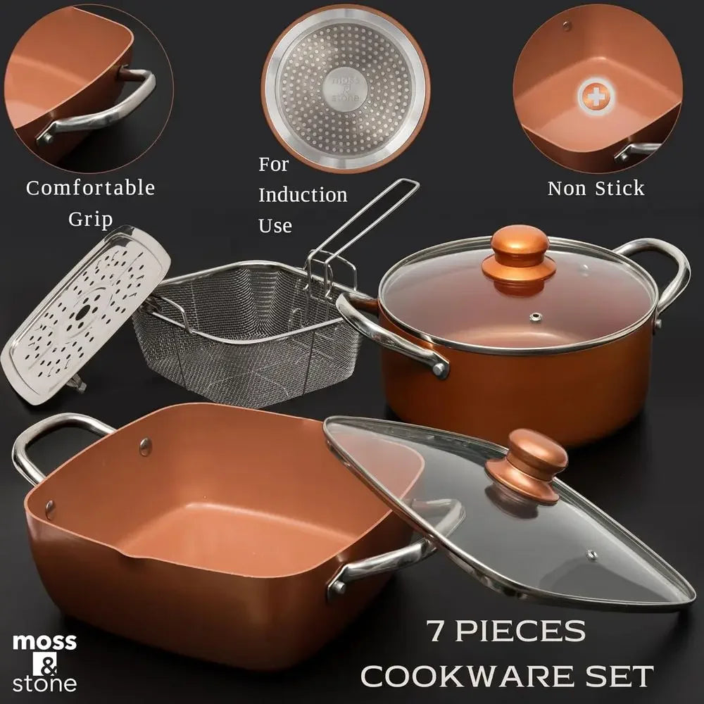 Induction Ready Copper Deep Frying Pan with Basket and 5 Qt Square Pot