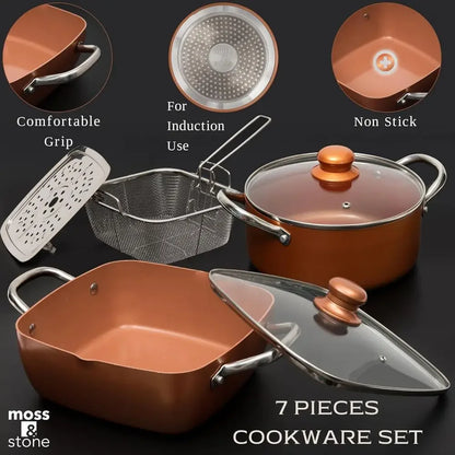 Induction Ready Copper Deep Frying Pan with Basket and 5 Qt Square Pot
