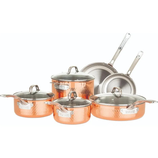 10 Piece Hammered Copper Kitchen Cookware with Glass Lids