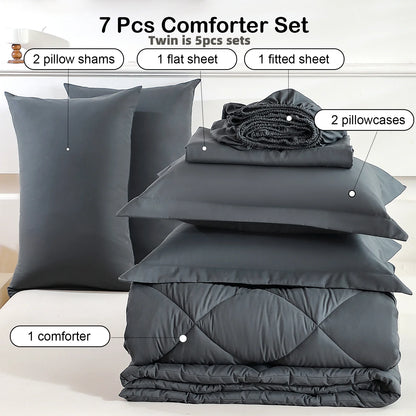 Diamond Stitched Comforter Bedding Sets with Sheets & Pillowcases 5-7pcs for Twin Full Queen King Sizes