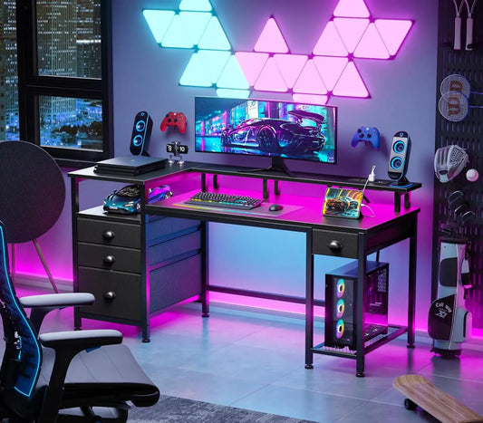 60" Black Computer Desk with 4 Drawers, LED Lights & USB Outlets
