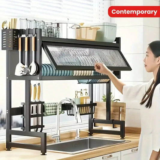 Double-Layer Metal Kitchen Counter Dish Rack with Drip Tray