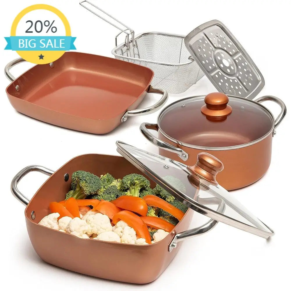 Induction Ready Copper Deep Frying Pan with Basket and 5 Qt Square Pot