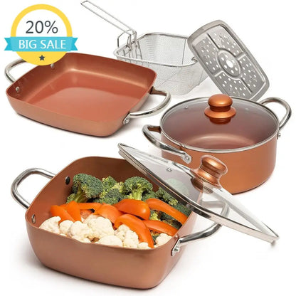 Induction Ready Copper Deep Frying Pan with Basket and 5 Qt Square Pot