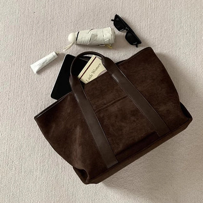 Solid Color Trendy Retro Handbag with Suede Top Handle for Errands, Travel or Everyday Use Tote Bag