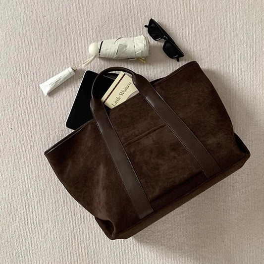 Solid Color Trendy Retro Handbag with Suede Top Handle for Errands, Travel or Everyday Use Tote Bag