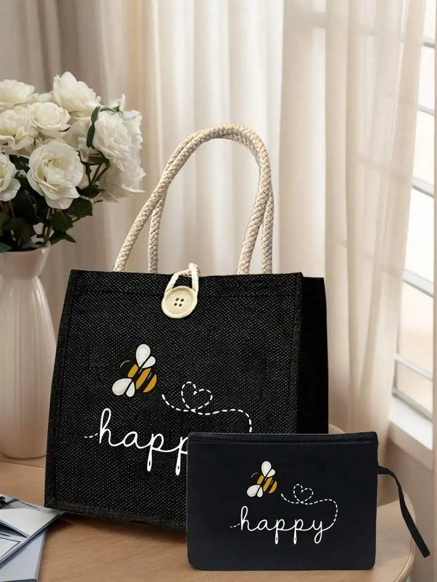 Large Capacity Linen Tote Bag with Bee & Script Design