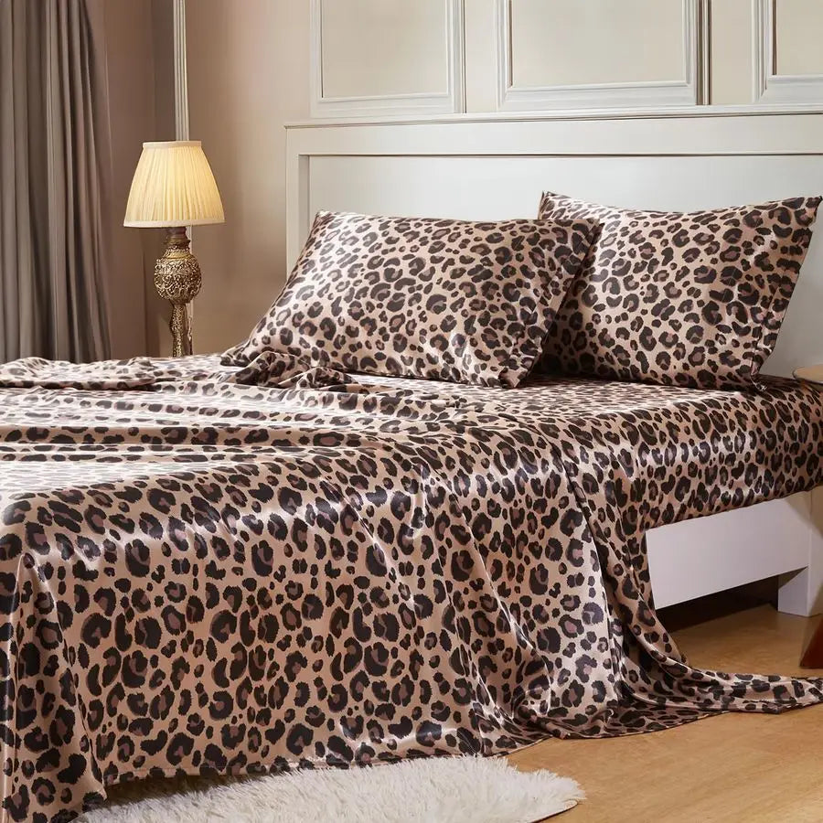 4-Piece Silky Satin Bed Sheets with Elastic Corner Straps, Queen Size