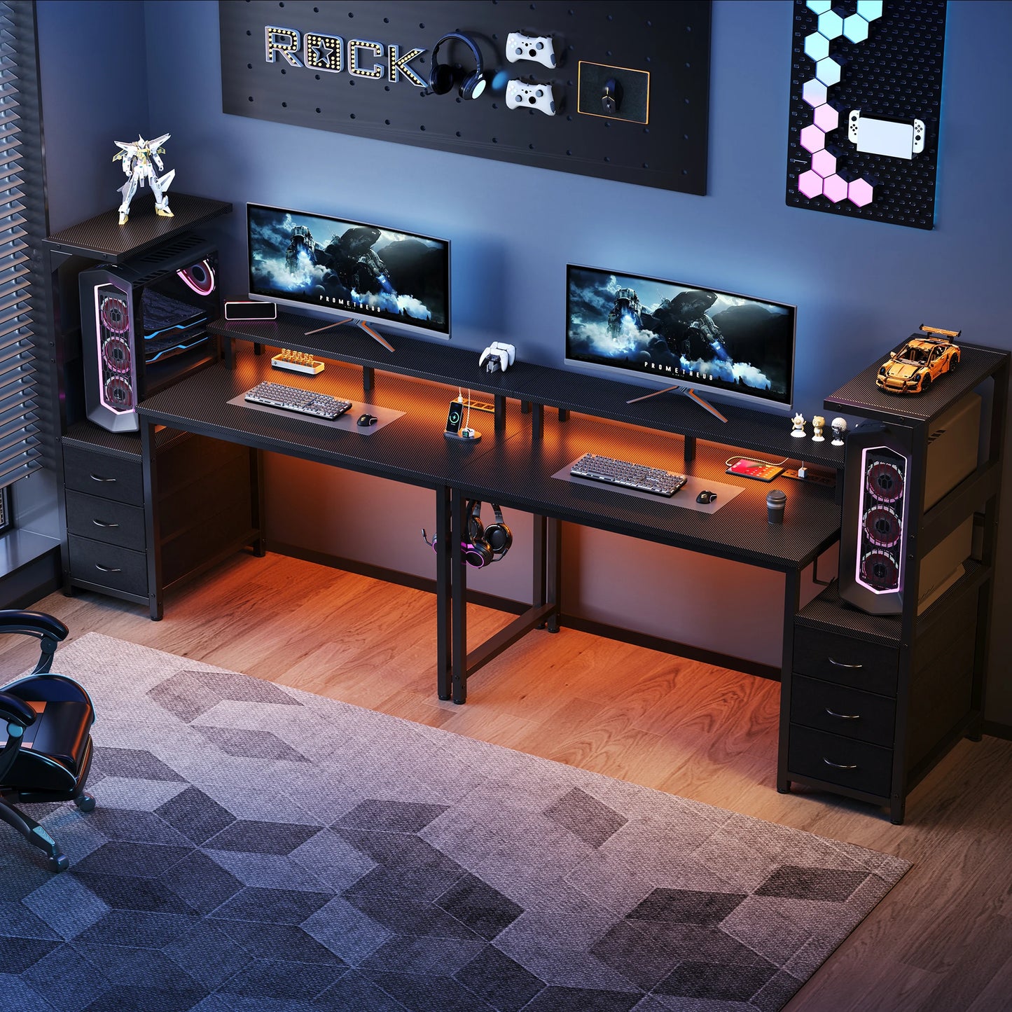 Gaming/Computer Desk with 3 Drawers LED Lights & Power Outlets
