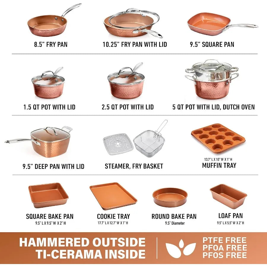 20-Piece Copper Cookware and Bakeware Set + Double Sided Copper Pan