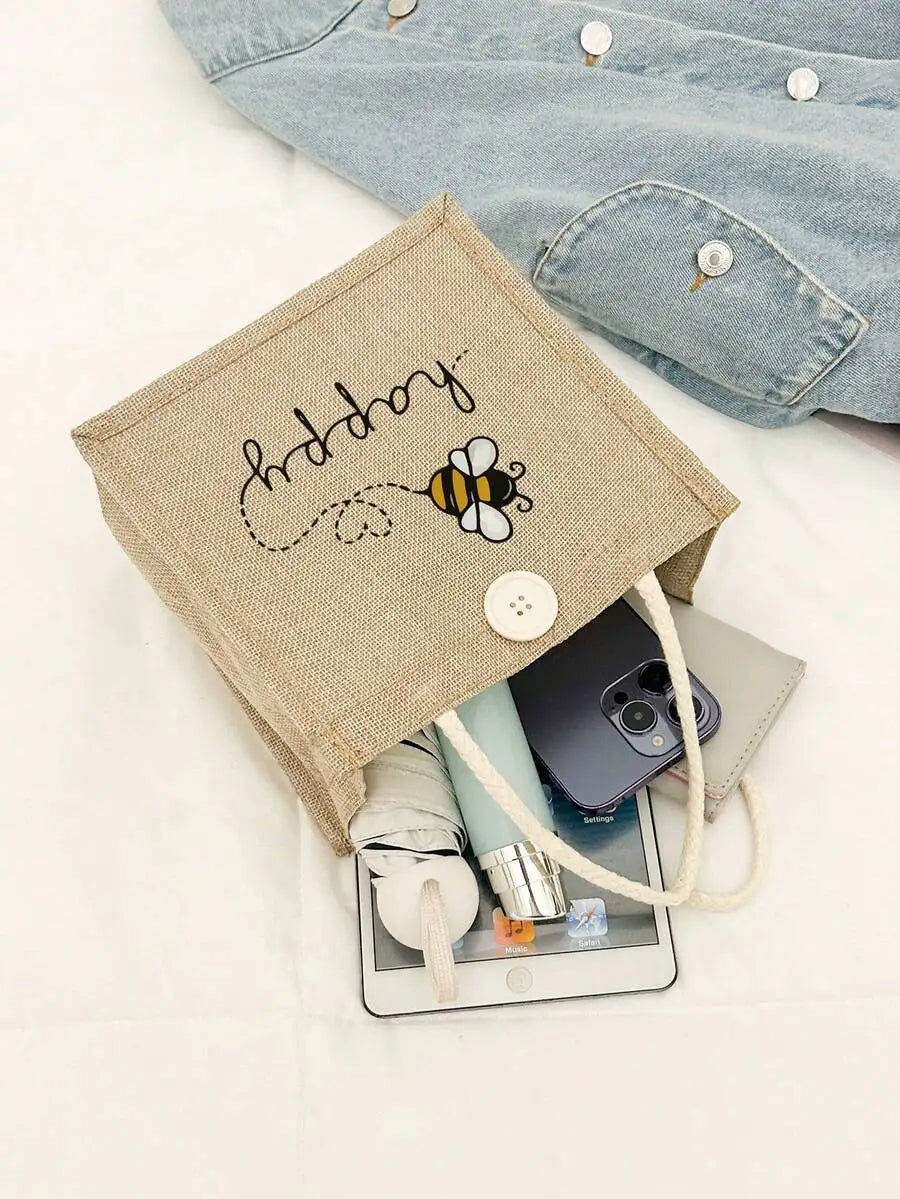 Large Capacity Linen Tote Bag with Bee & Script Design