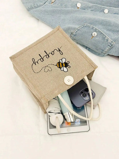 Large Capacity Linen Tote Bag with Bee & Script Design