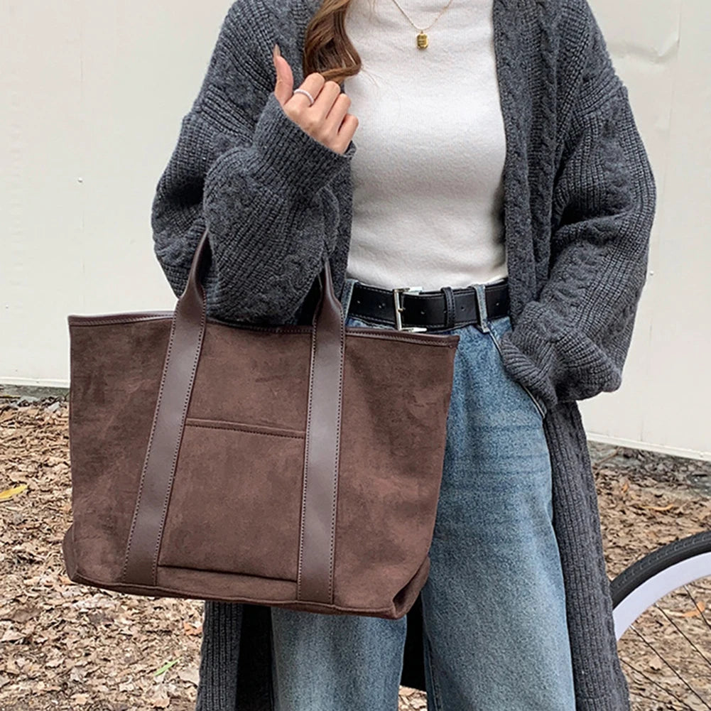 Solid Color Trendy Retro Handbag with Suede Top Handle for Errands, Travel or Everyday Use Tote Bag