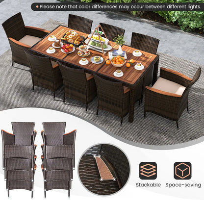 9-Piece Patio Wicker Dining Set Acacia Wood Table Top, Umbrella Hole and Cushioned Chairs