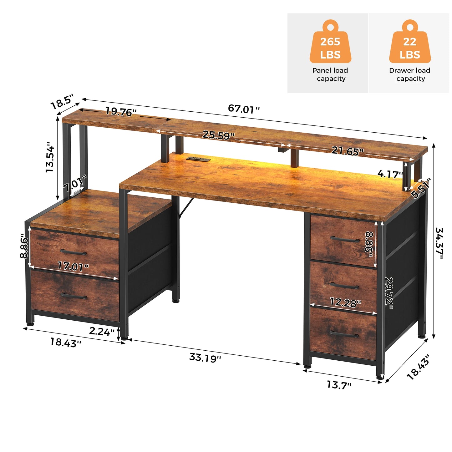 67In Office or Bedroom Desk with 5 Storage Drawers and LED Light Power Outlets