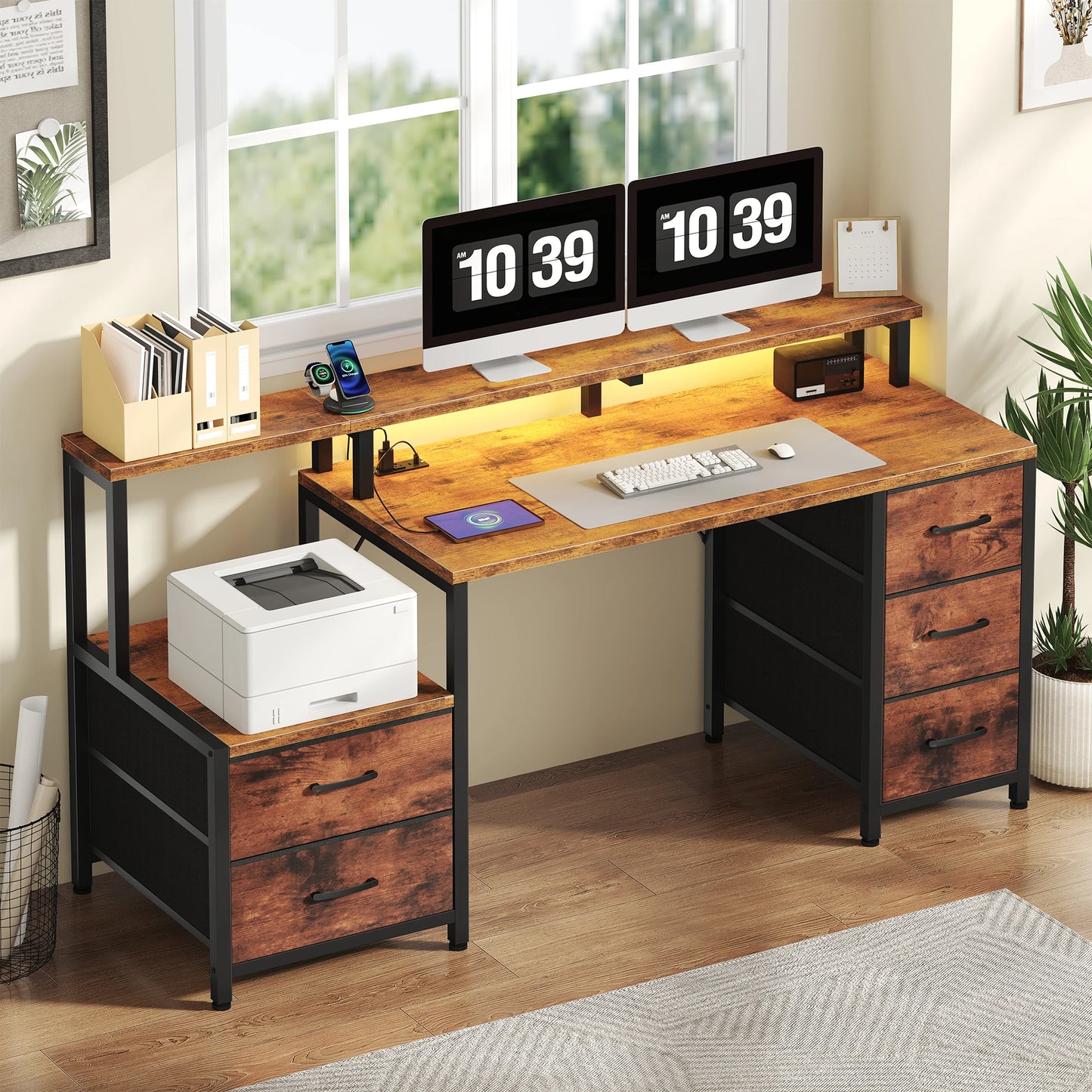 67In Office or Bedroom Desk with 5 Storage Drawers and LED Light Power Outlets