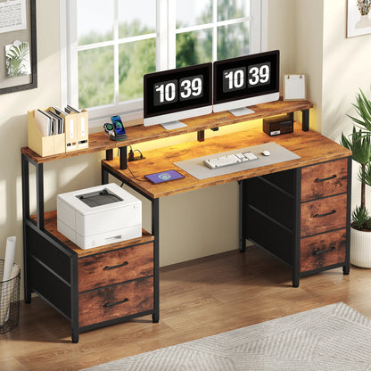 67In Office or Bedroom Desk with 5 Storage Drawers and LED Light Power Outlets