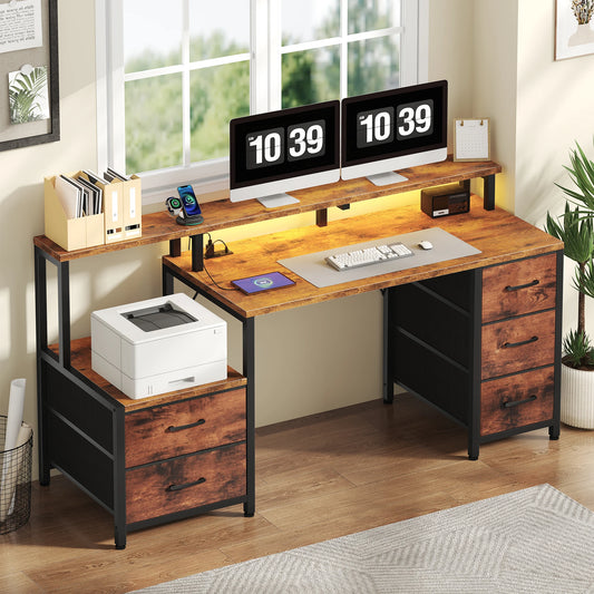 67In Office or Bedroom Desk with 5 Storage Drawers and LED Light Power Outlets