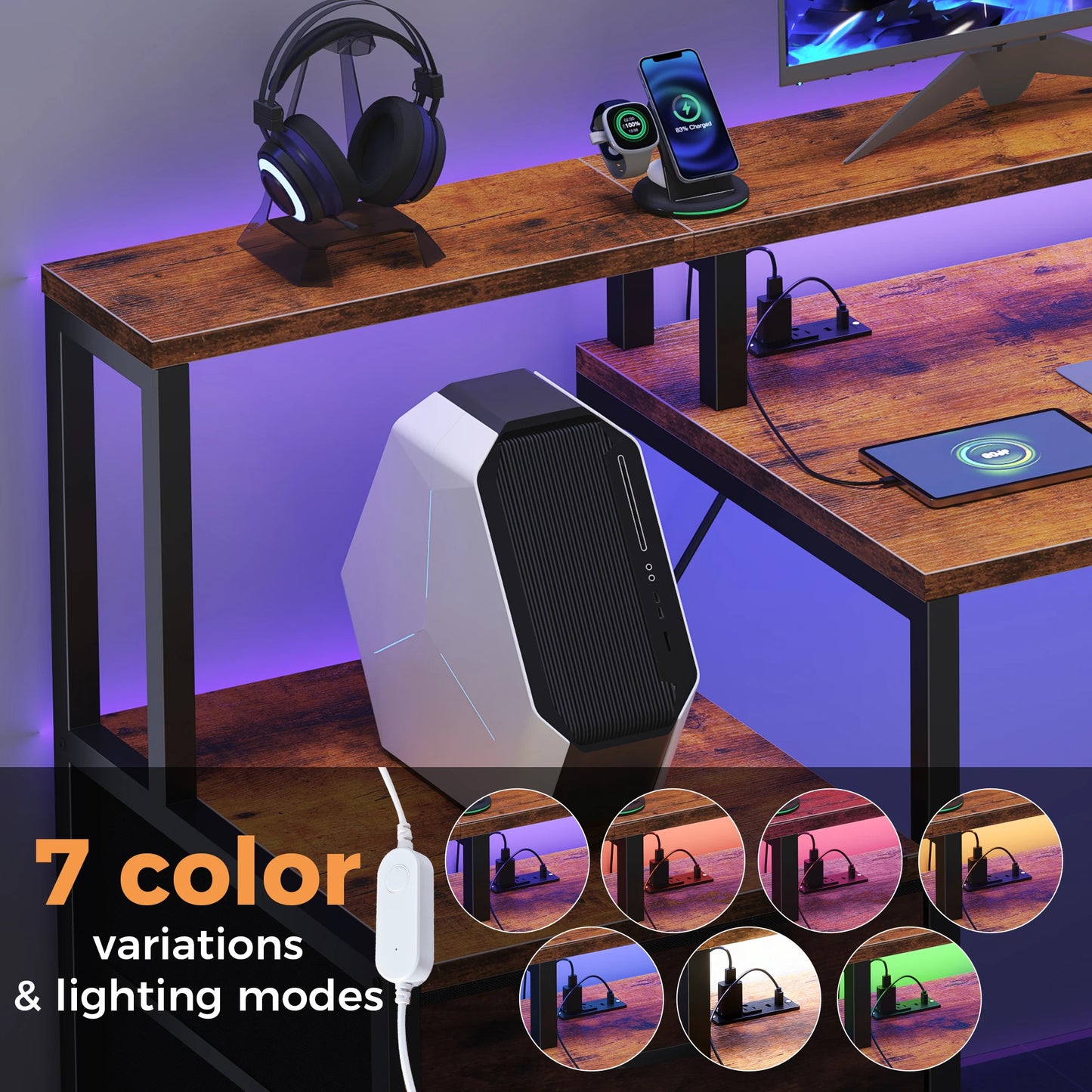 67In Office or Bedroom Desk with 5 Storage Drawers and LED Light Power Outlets