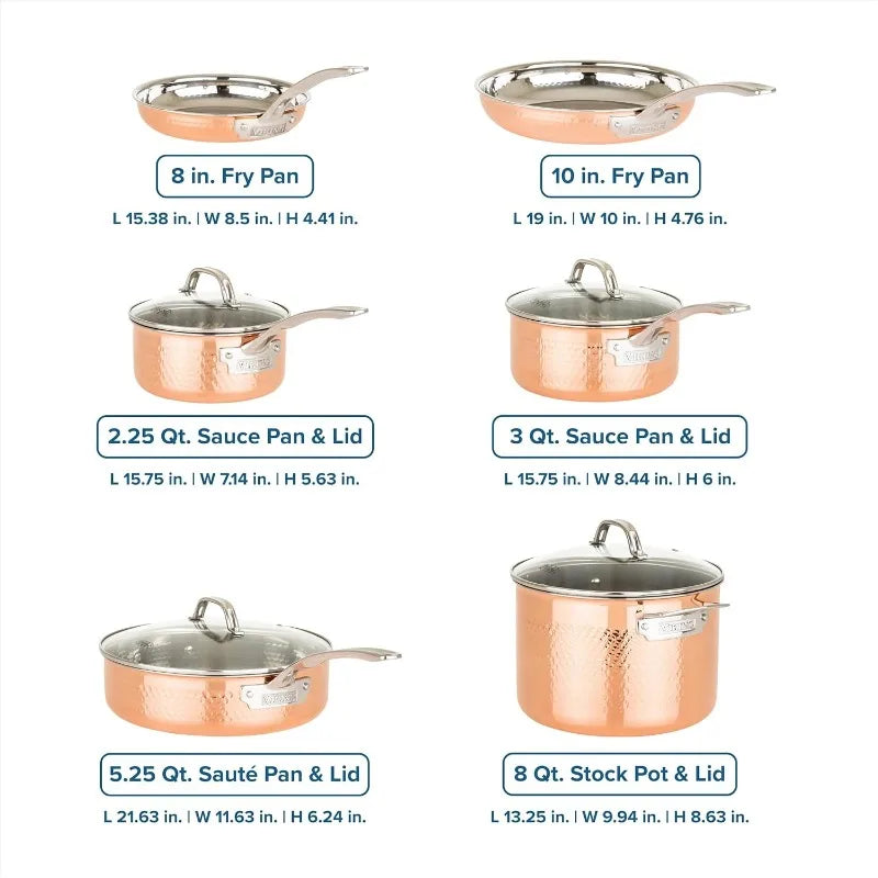 10 Piece Hammered Copper Kitchen Cookware with Glass Lids