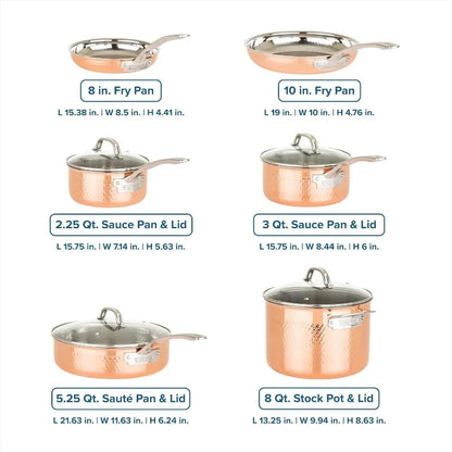 10 Piece Hammered Copper Kitchen Cookware with Glass Lids