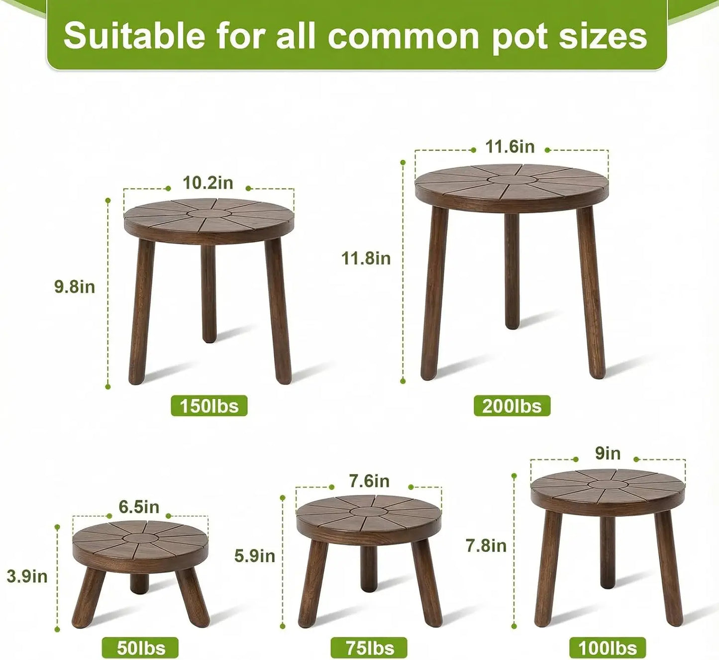 5 Wooden Plant Stands, Various Sizes from 3.9-11.8 Inches